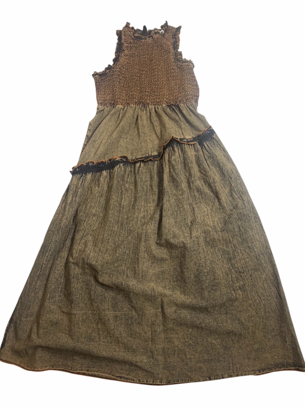 Collusion Brown Tiered Maxi Dress w/ Orange Trim and Smocking Bodice. Size L.